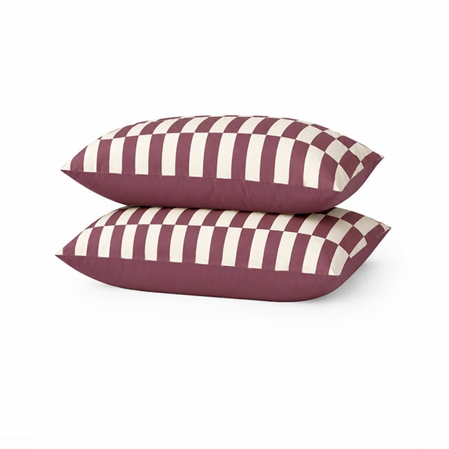 Lot de 2 taies d’oreiller imprimées en percale de coton bio, LE DAMIER violet <span itemprop=