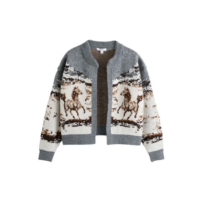 Cardigan en maille à motif jacquard cheval gris/brun <span itemprop=