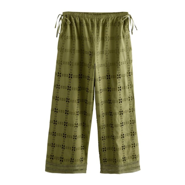 Pantalon large à broderie carrée vert <span itemprop=