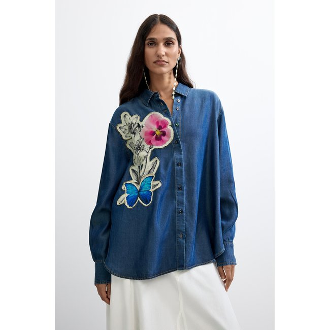 Chemise brodée à fleurs rouge <span itemprop=