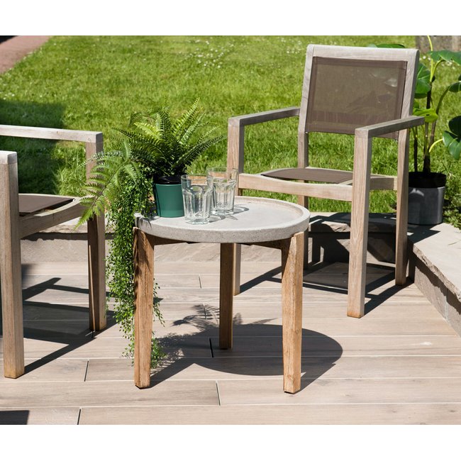 Table basse de jardin ronde maison de campagne en bois acacia et béton 50x51cm SUMMER gris <span itemprop=