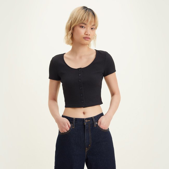 T-shirt crop col bateau noir <span itemprop=