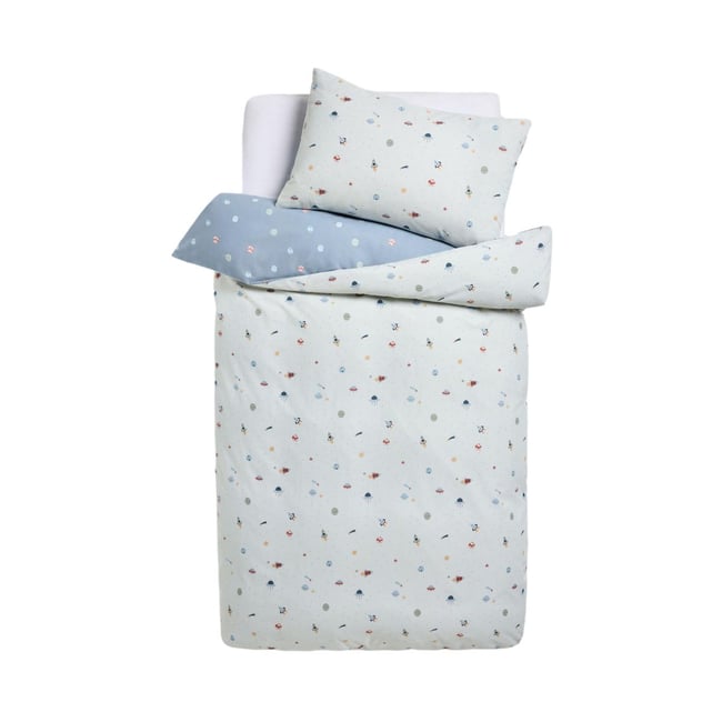 Parure housse de couette et taie d'oreiller mini imprimé spatial bleu <span itemprop=