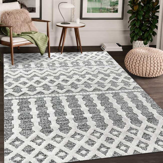Tapis salon et chambre tissé motif scandinave PISTIOU Couleur gris, blanc <span itemprop=