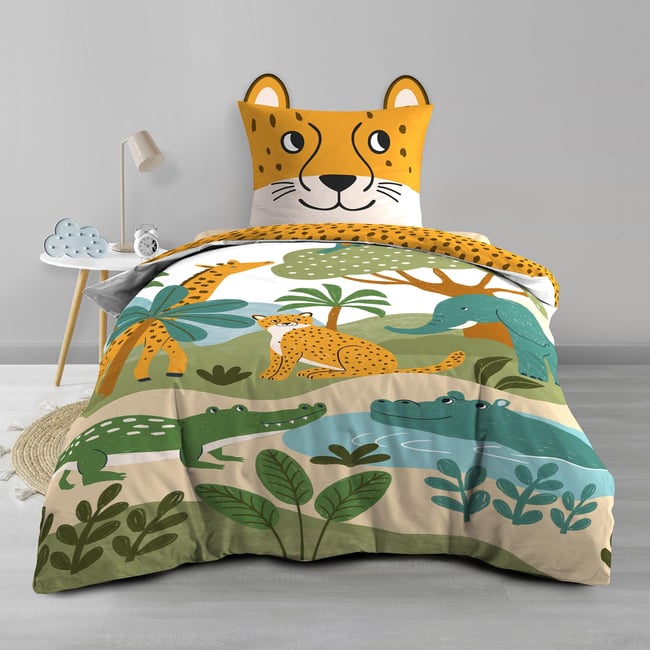 Parure de lit enfant 2 pièces 100 % coton imprimé animaux de la jungle housse + taie jaune <span itemprop=