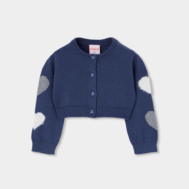 Gilet fille en maille avec coeurs bleu <span itemprop=