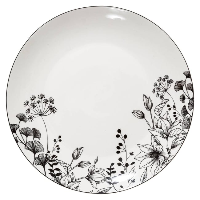Lot de 6 assiettes plates en porcelaine WHITE FLORAL Couleur noir et blanc <span itemprop=
