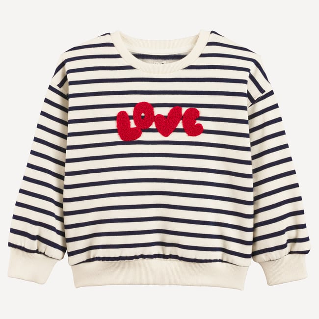 Sweat col rond rayé, avec message en bouclette, en molleton rayé bleu marine/blanc <span itemprop=