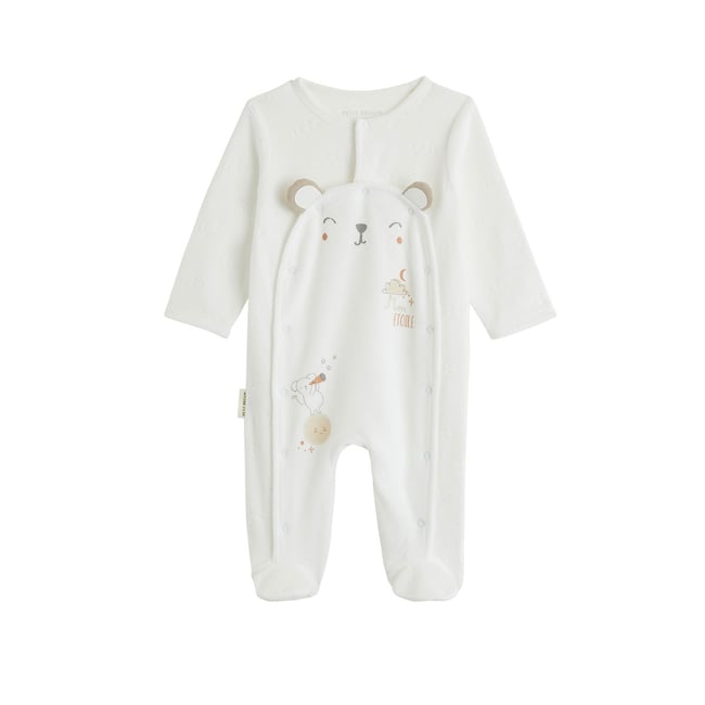 Pyjama bébé en velours ouverture pont Eliah ecru <span itemprop=
