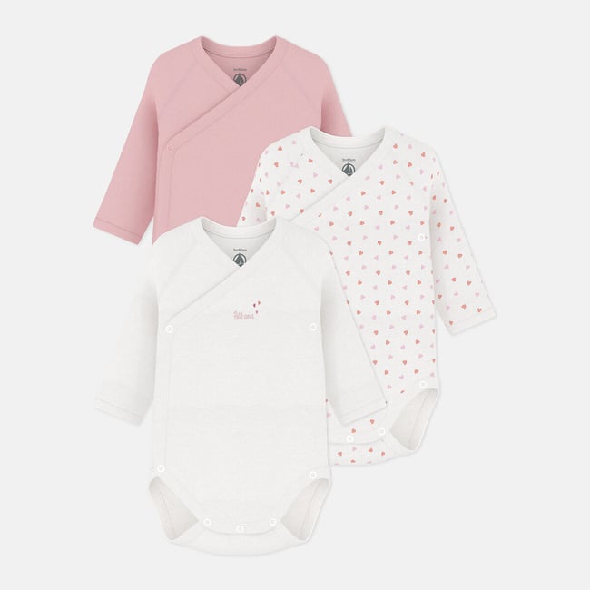 Confezione di 3 body neonato a maniche lunghe bianco + rosa PETIT BATEAU