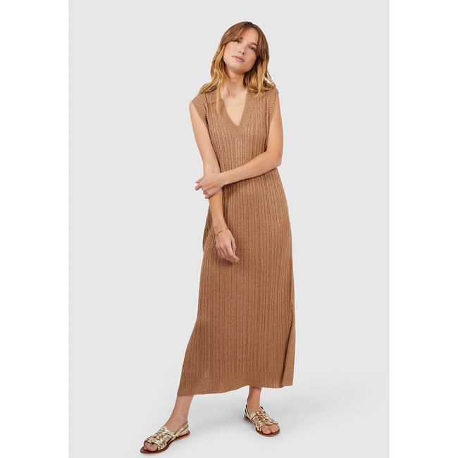 Vestido irisado sin mangas de punto beige <span itemprop=