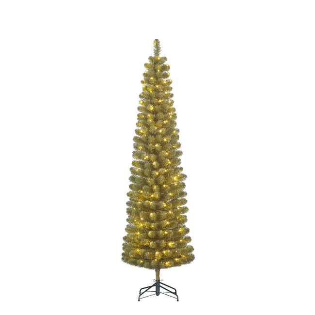 Sapin de Noël artificiel étroit avec LED H215 cm CHARLTON Couleur vert <span itemprop=