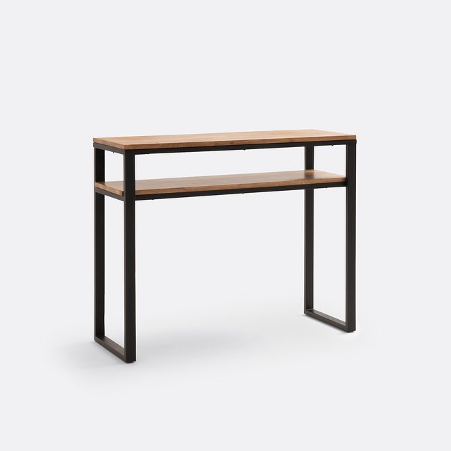 Console 2 plateaux, en chêne massif et métal acier, HIBA Couleur naturel <span itemprop=