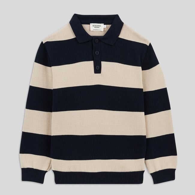 Polo manches longues à rayures fabriqué en France en coton BIO marine <span itemprop=