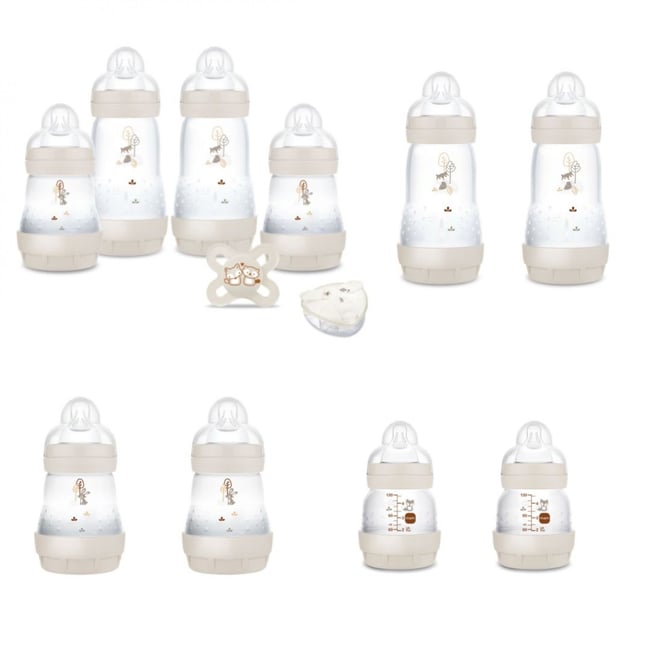 Coffret 10 biberons naissance anti-colique Sable (2*130 4*160 4*260 +1 sucette naissance et 1 boîte doseuse de lait ) - MAM