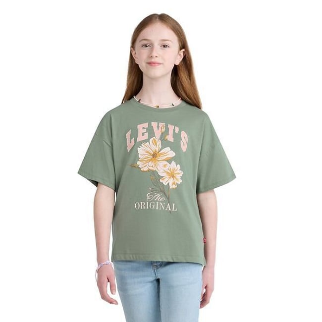 T-shirt manches courtes, coupe oversize, imprimé fleurs devant kaki <span itemprop=