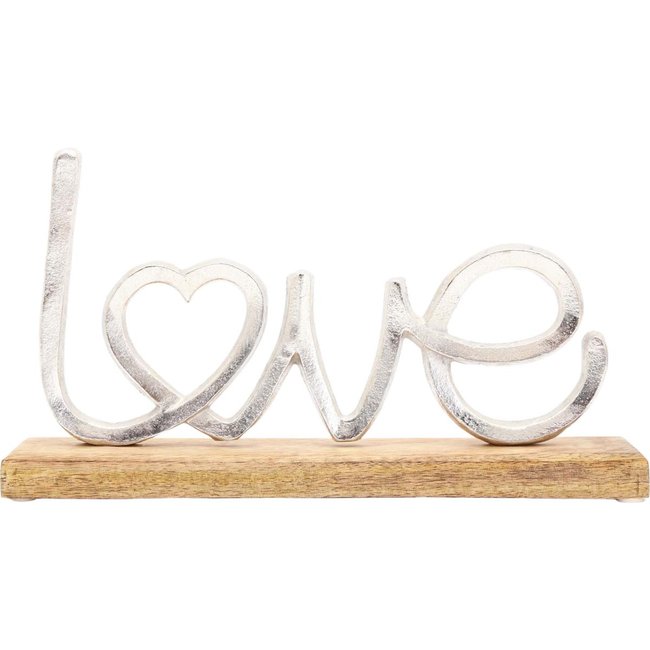 Décoration à poser en aluminium et bois de manguier 32 x 19 cm Love Couleur silver <span itemprop=