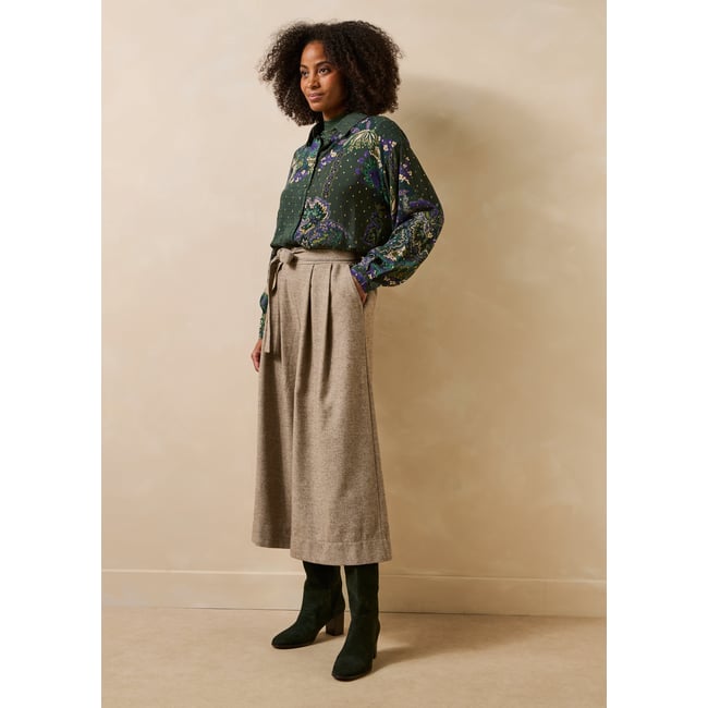 Pantalon jupe culotte 7/8ème en tweed greige <span itemprop=