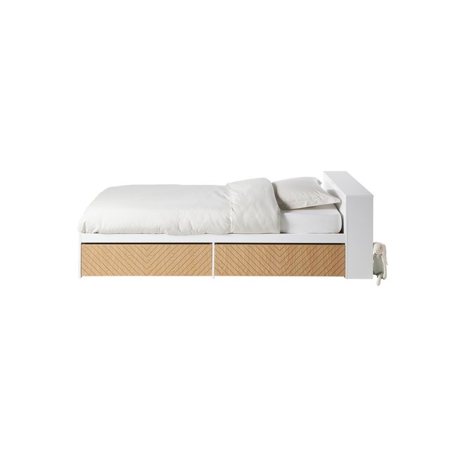 Lit enfant avec tiroirs + rangement bibliothèque LIGNE CHEVRON Couleur blanc <span itemprop=