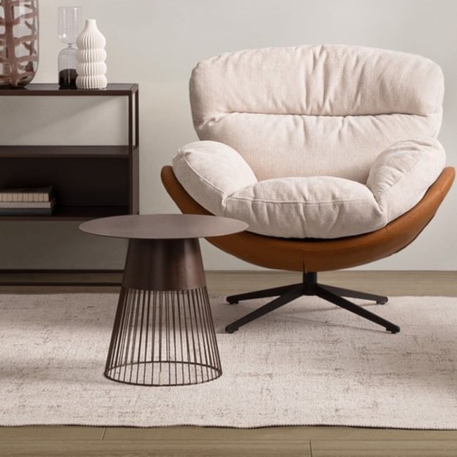Fauteuil relax pivotant tissu/simili écru/cognac - NINO Couleur beige <span itemprop=