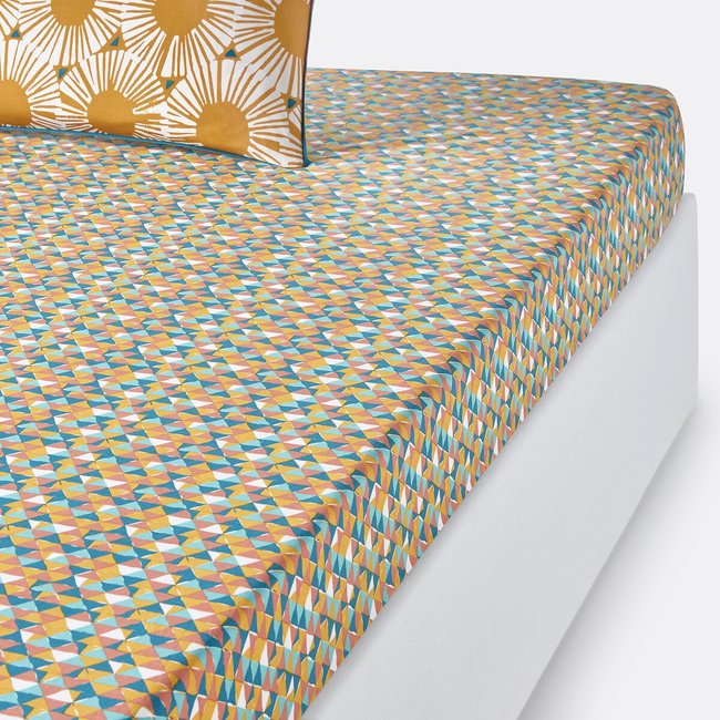 Drap housse pur coton, Jahia imprimé jaune/bleu <span itemprop=