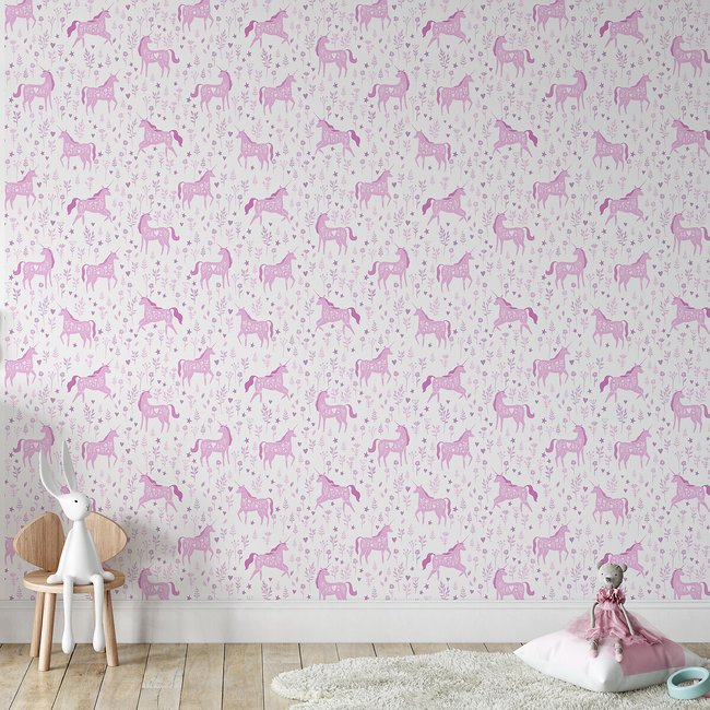 Folk Unicorn Wall Paper, pink, CATHERINE LANSFIELD