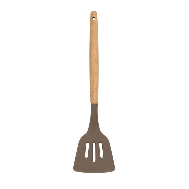 Spatule ajourée en silicone et manche en bois, ELIOTT taupe <span itemprop=