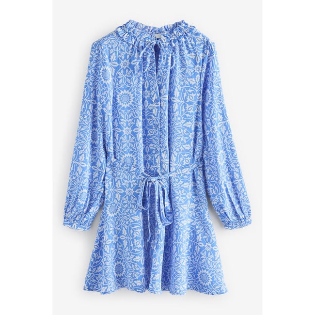 Robe chemise courte à manches longues nouée imprimé floral bleu/blanc william morris <span itemprop=