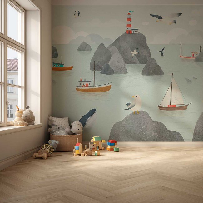 Papier peint baleine chambre enfant Couleur bleu <span itemprop=