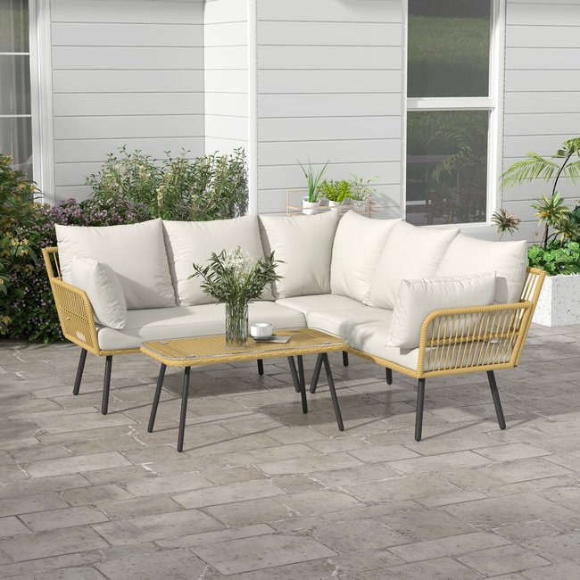 Salon de jardin d'angle 5 places style bohème chic résine tressée crème <span itemprop=