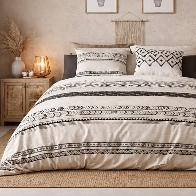 Parure housse de couette en coton imprimée, BOHEME beige <span itemprop=