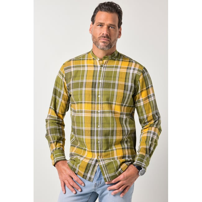 Chemise en lin mélangé, motif à carreaux vert kaki <span itemprop=