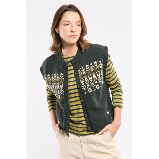 Cardigan sans manche - laine jacquard fleurs otranto <span itemprop=