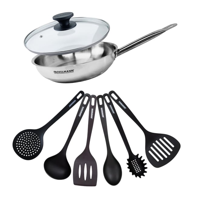 Set de 1 poêle de 28 cm 1 couvercle en verre ETERNA inox|transparent|noir <span itemprop=