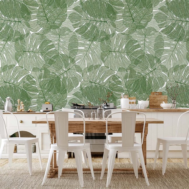Papier peint feuilles mur de monstera verte Couleur intissé <span itemprop=