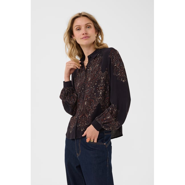 Blouse à manches longues noir black ethnic florals <span itemprop=