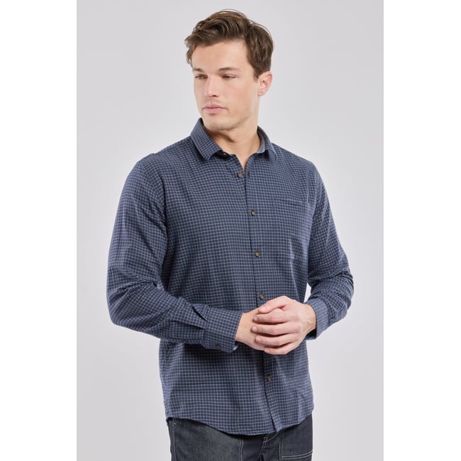 Chemise manches longues droite col souple carreaux bleu jean <span itemprop=