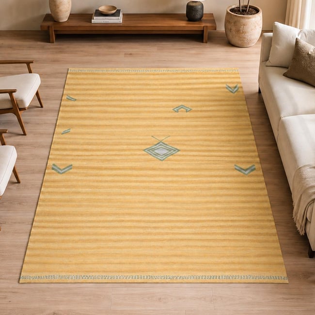 Tapis kilim géométrique, tissé plat en laine, KELIM KU 3 Couleur jaune, beige, vert <span itemprop=