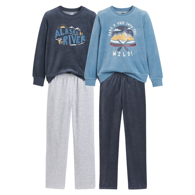 Lot de 2 pyjamas en velours, imprimé montagnes bleu + gris chiné + gris foncé <span itemprop=