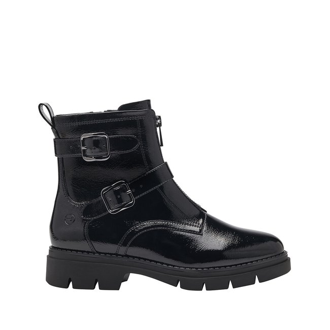 Boots plates à boucles noir verni <span itemprop=