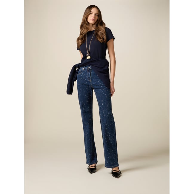 Jean regular avec cristaux bleu <span itemprop=
