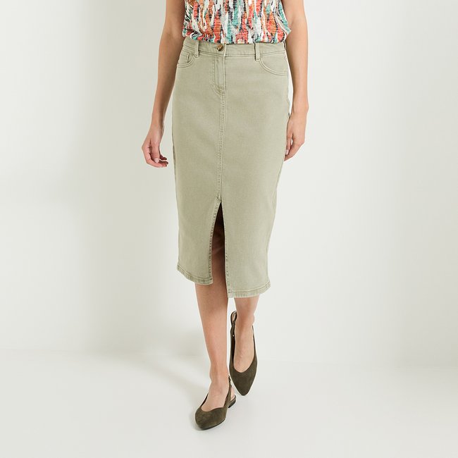 Jupe denim mi-longue vert kaki <span itemprop=
