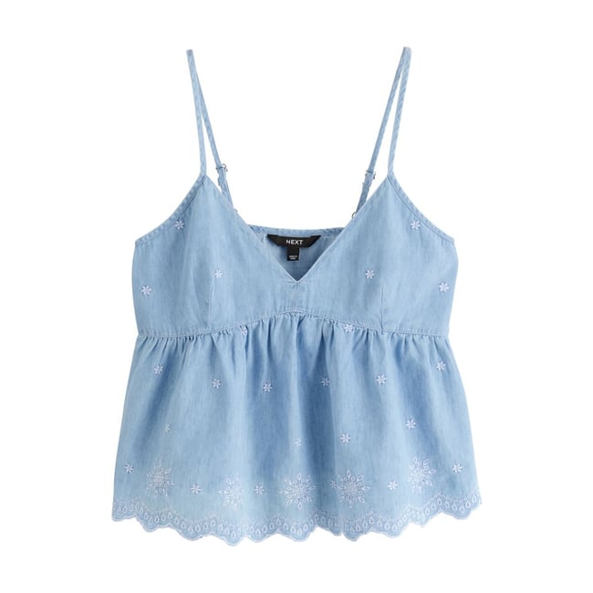 Caraco brodé à col v denim bleu délavé <span itemprop=