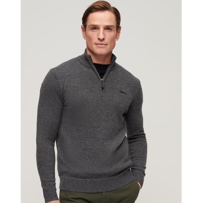 Pull brodé demi-zippé Essential  gris <span itemprop=