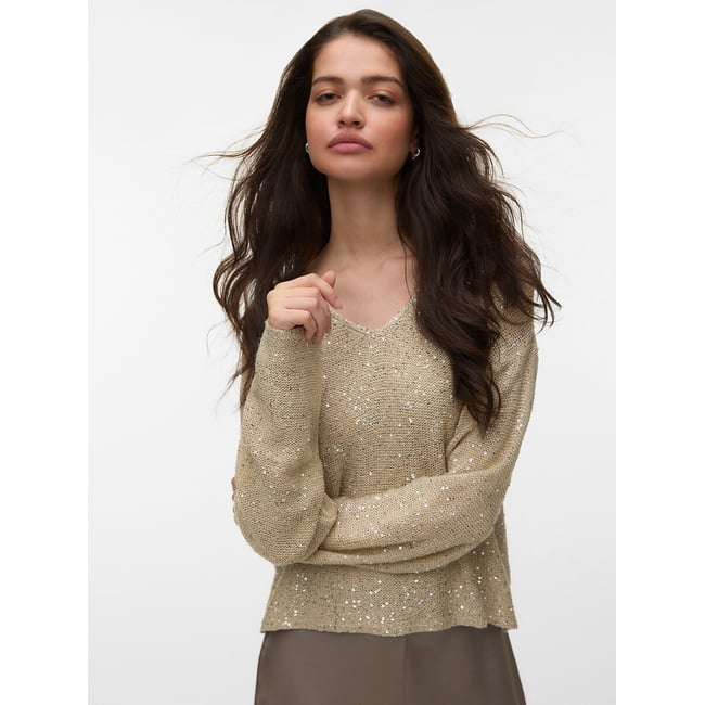 Pull col V à sequins beige <span itemprop=