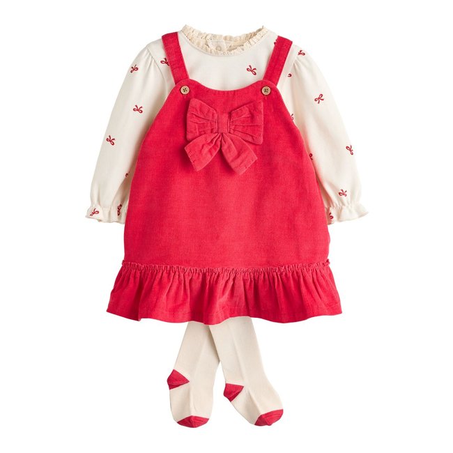 Robe chasuble côtelé et collants bébé noeud 3d rouge <span itemprop=