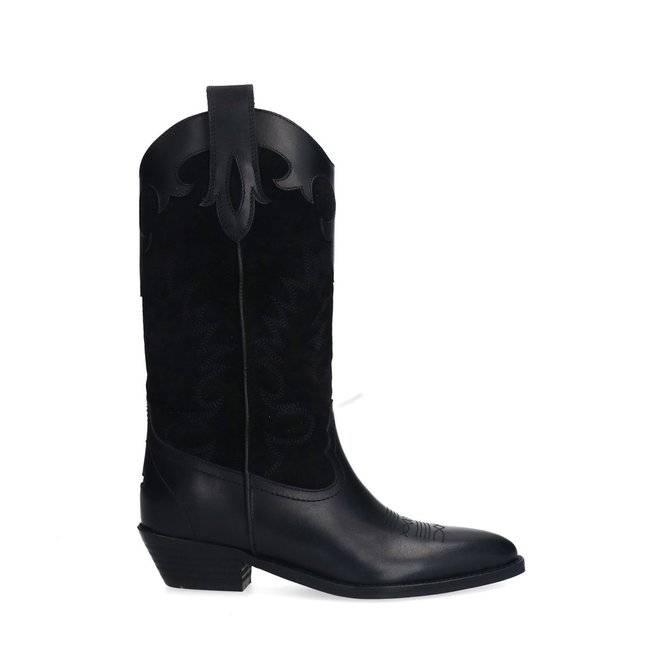 Santiags en cuir, Santiags en cuir avec surpiqûres décoratives noir <span itemprop=