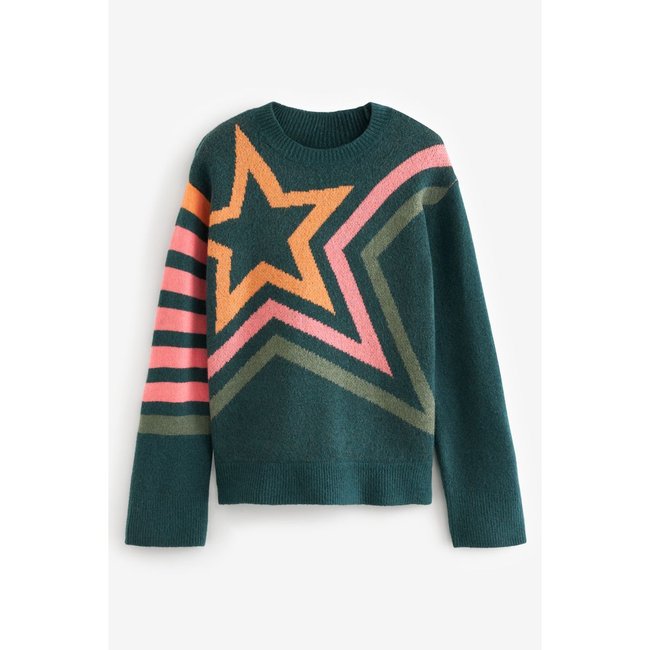 Pull ras du cou motif étoile coupe classique bleu sarcelle <span itemprop=