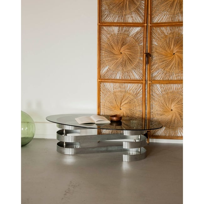 Table basse en verre fumé et inox Donna N°1546 - Bon état Couleur transparent <span itemprop=