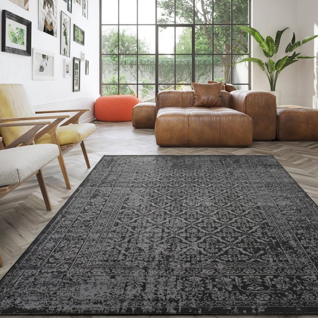 Tapis chambre tissé motif ethnique LUMIN 4 Couleur noir <span itemprop=